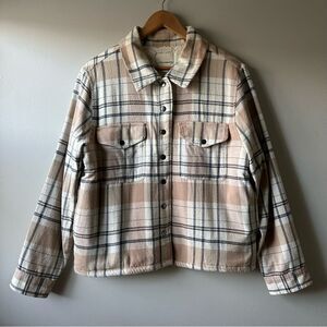 Lucky Brand Beige Plaid Fleece Lined Shacket  Snap Buttons Jacket Size L Nuetral